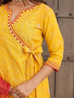 Juniper Mustard Bandhani Print Angrakha Cotton Kurta With Pants & Dupatta Set With Mirror Work Embroidery | Grocsy