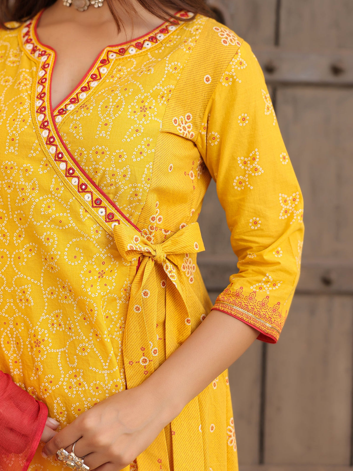 Juniper Mustard Bandhani Print Angrakha Cotton Kurta With Pants & Dupatta Set With Mirror Work Embroidery | Grocsy