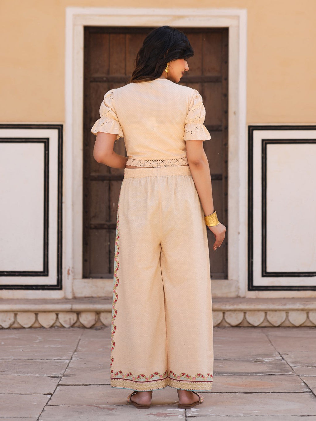 Juniper Beige Floral Printed Pure Cotton Crop Top & Pants With Thread Work Embroidery | Grocsy