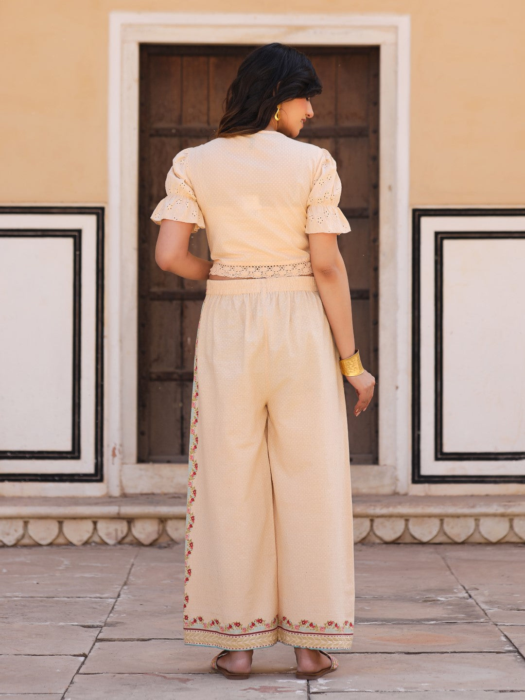 Juniper Beige Floral Printed Pure Cotton Crop Top & Pants With Thread Work Embroidery | Grocsy