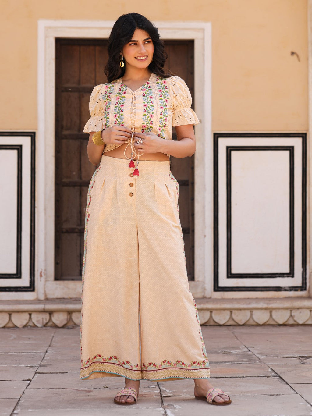 Juniper Beige Floral Printed Pure Cotton Crop Top & Pants With Thread Work Embroidery | Grocsy