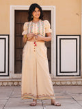 Juniper Beige Floral Printed Pure Cotton Crop Top & Pants With Thread Work Embroidery | Grocsy