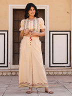 Juniper Beige Floral Printed Pure Cotton Crop Top & Pants With Thread Work Embroidery | Grocsy