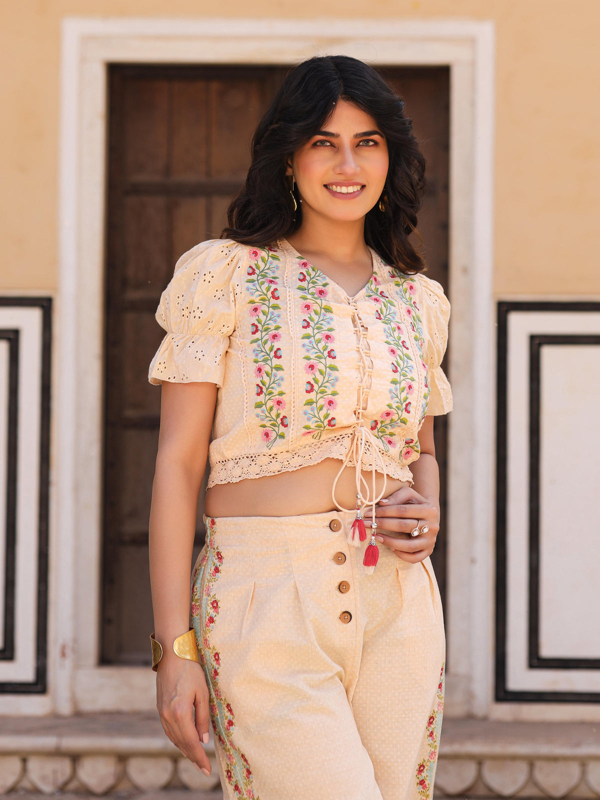 Juniper Beige Floral Printed Pure Cotton Crop Top & Pants With Thread Work Embroidery | Grocsy