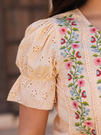 Juniper Beige Floral Printed Pure Cotton Crop Top & Pants With Thread Work Embroidery | Grocsy
