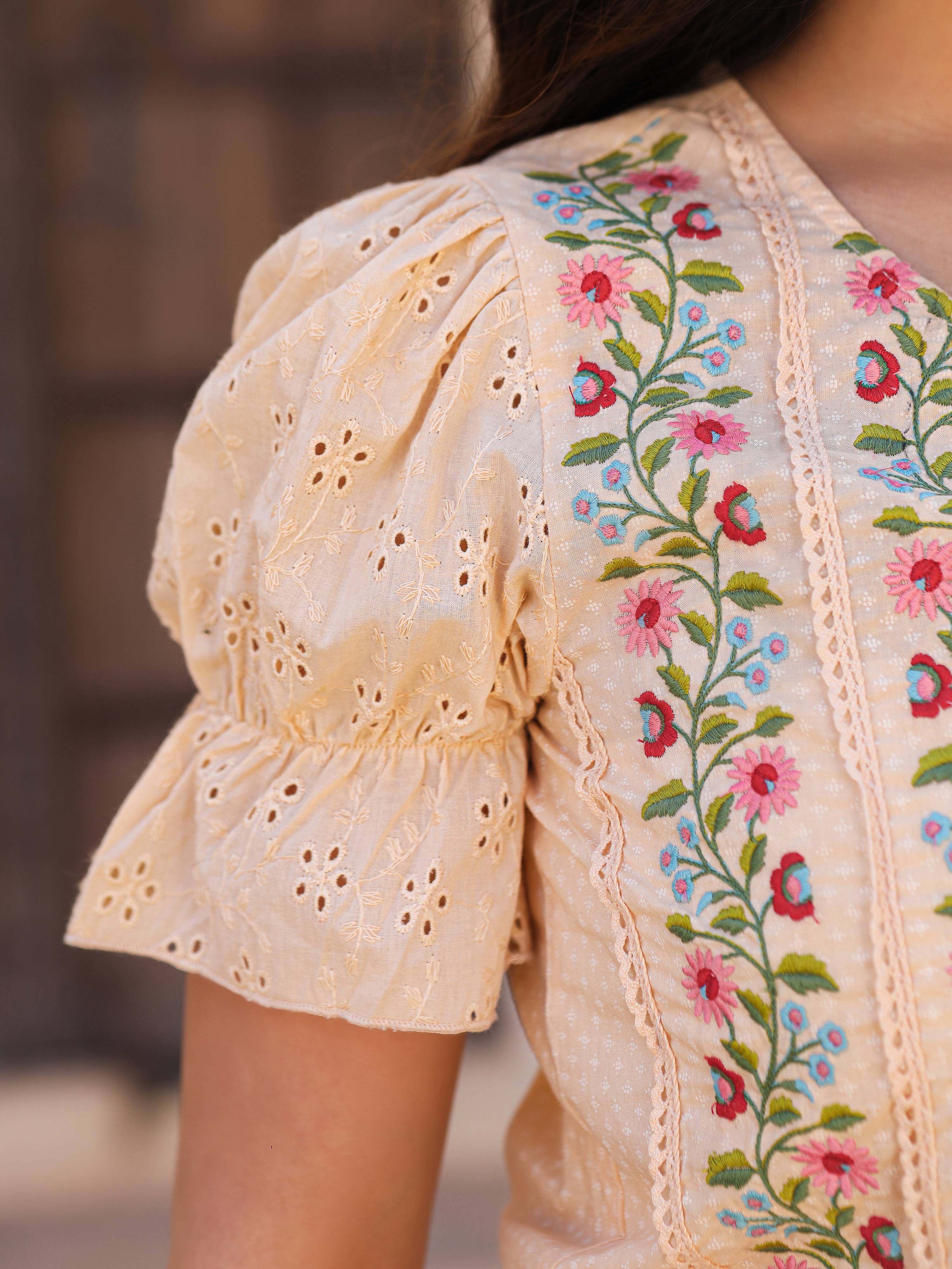 Juniper Beige Floral Printed Pure Cotton Crop Top & Pants With Thread Work Embroidery | Grocsy