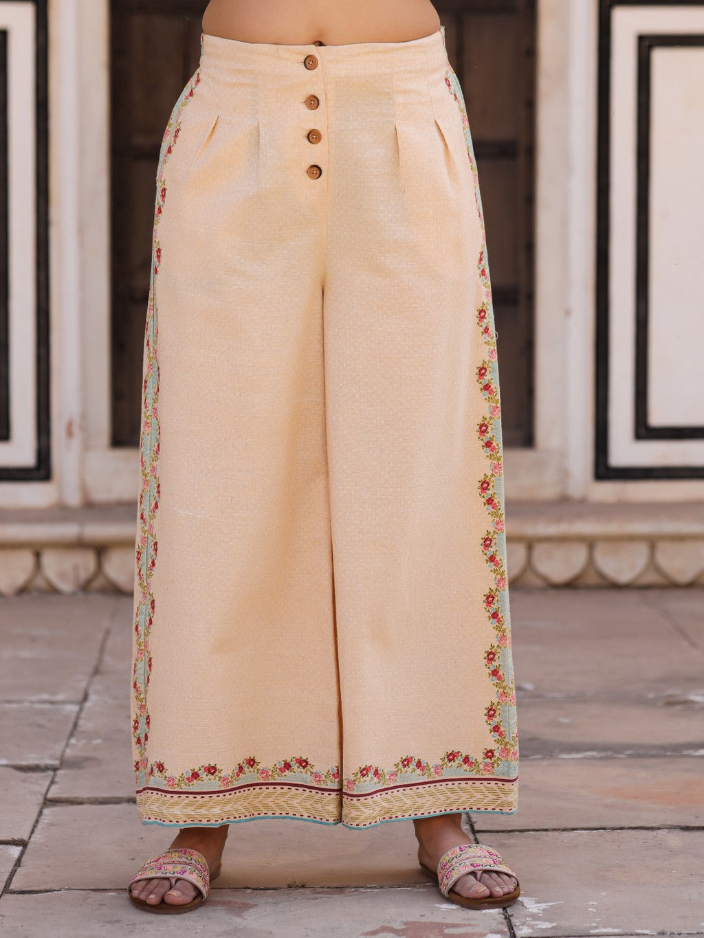 Juniper Beige Floral Printed Pure Cotton Crop Top & Pants With Thread Work Embroidery | Grocsy
