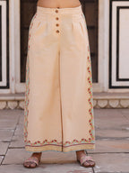 Juniper Beige Floral Printed Pure Cotton Crop Top & Pants With Thread Work Embroidery | Grocsy
