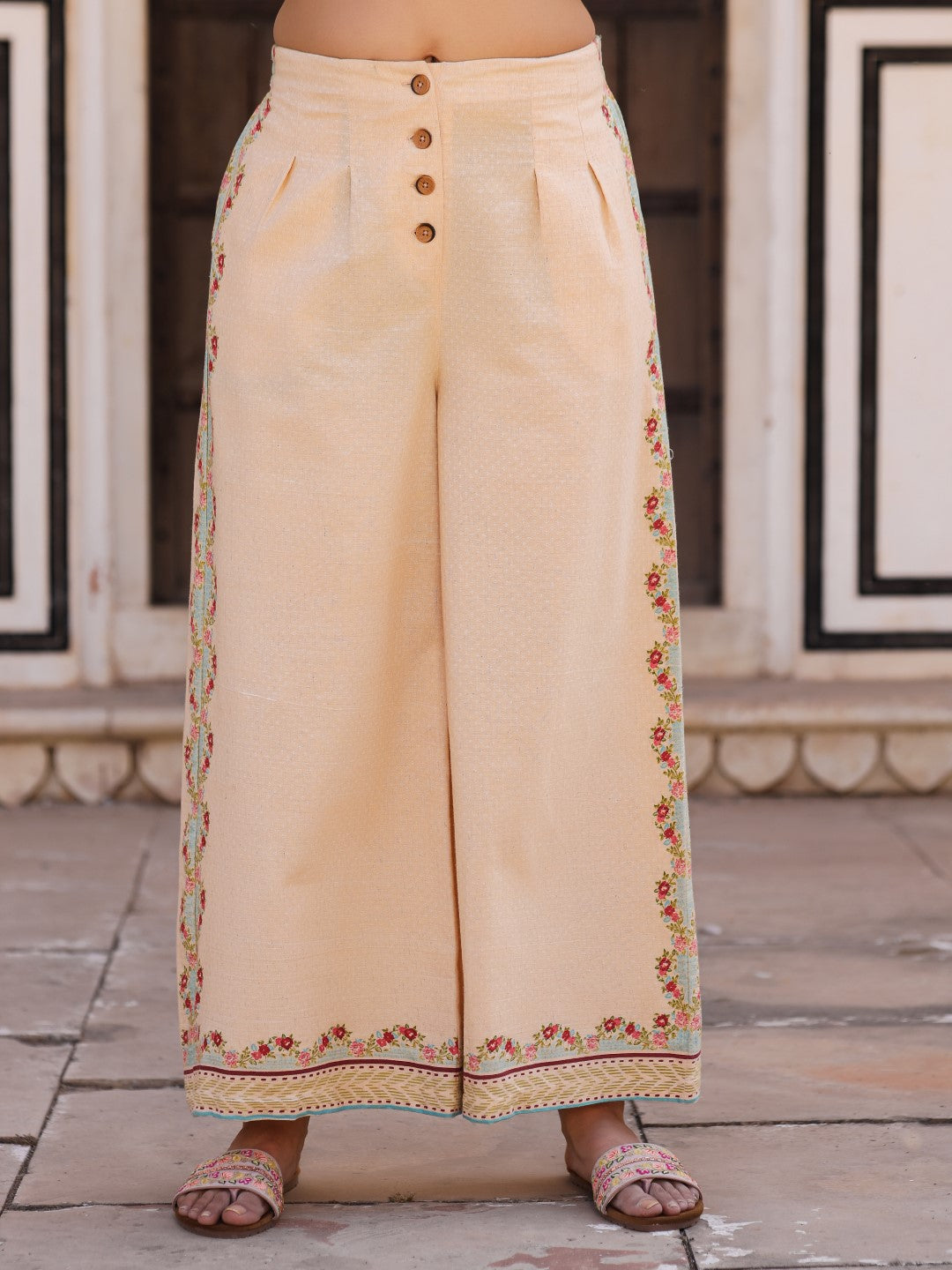Juniper Beige Floral Printed Pure Cotton Crop Top & Pants With Thread Work Embroidery | Grocsy