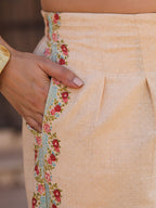 Juniper Beige Floral Printed Pure Cotton Crop Top & Pants With Thread Work Embroidery | Grocsy