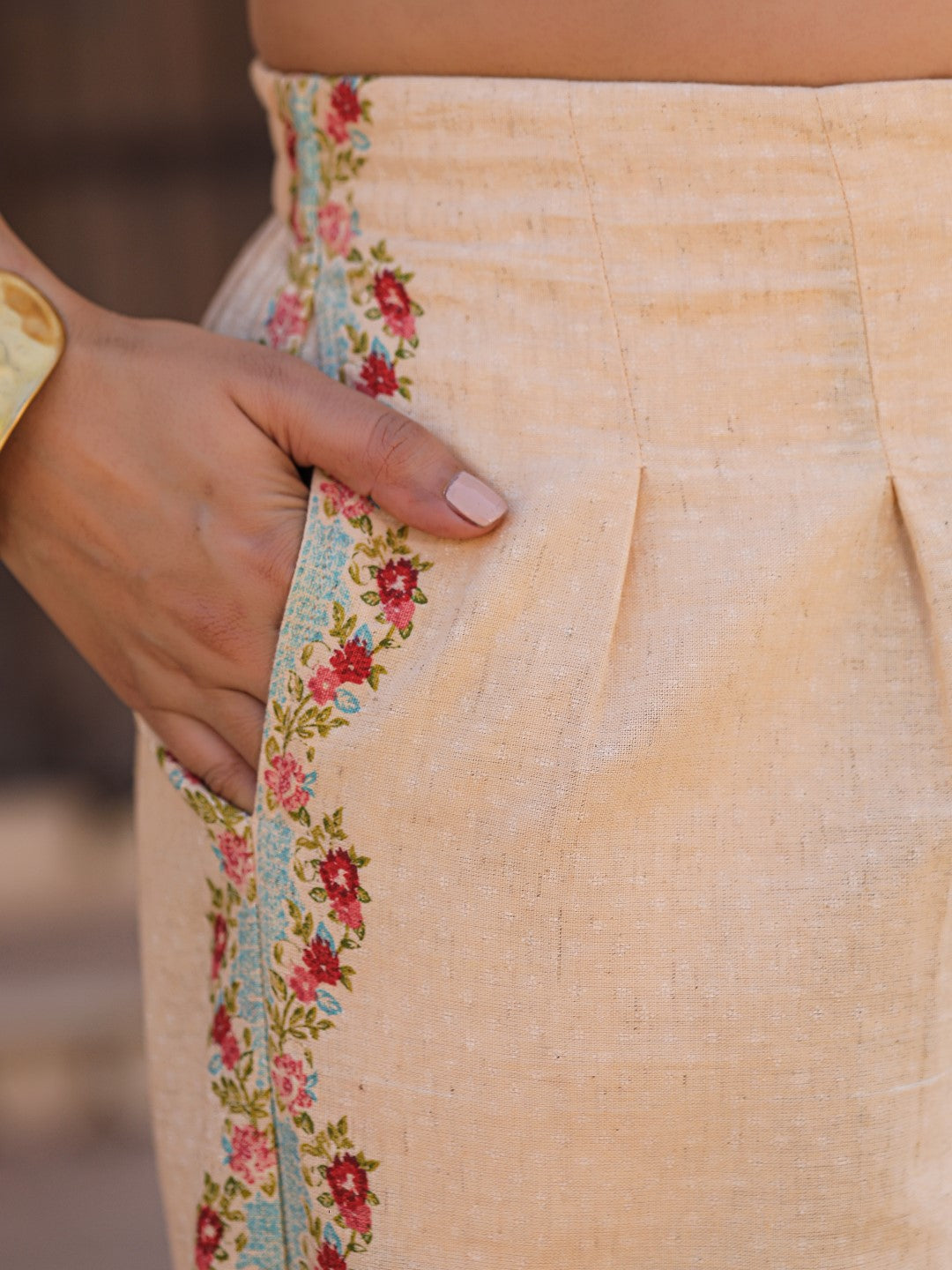 Juniper Beige Floral Printed Pure Cotton Crop Top & Pants With Thread Work Embroidery | Grocsy
