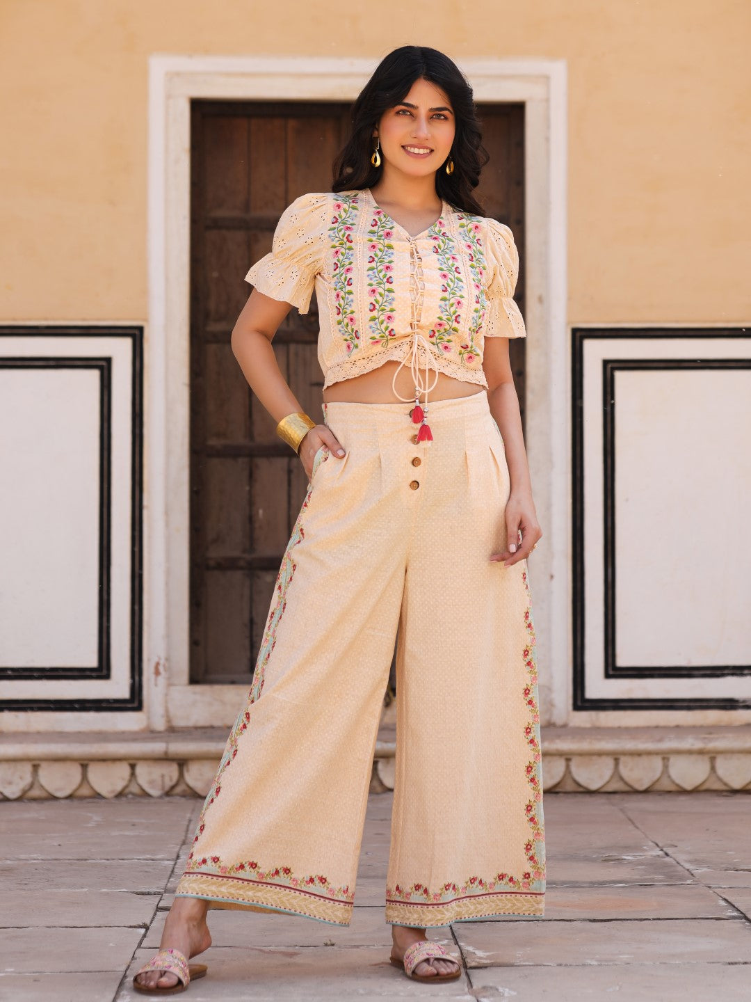 Juniper Beige Floral Printed Pure Cotton Crop Top & Pants With Thread Work Embroidery | Grocsy
