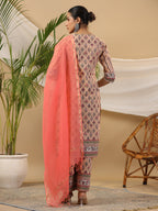 Juniper Women's Peach Ethnic Motif Printed Pure Cotton Kurta Palazzos & Kota Doria Dupatta With Beads & Sequins | Grocsy