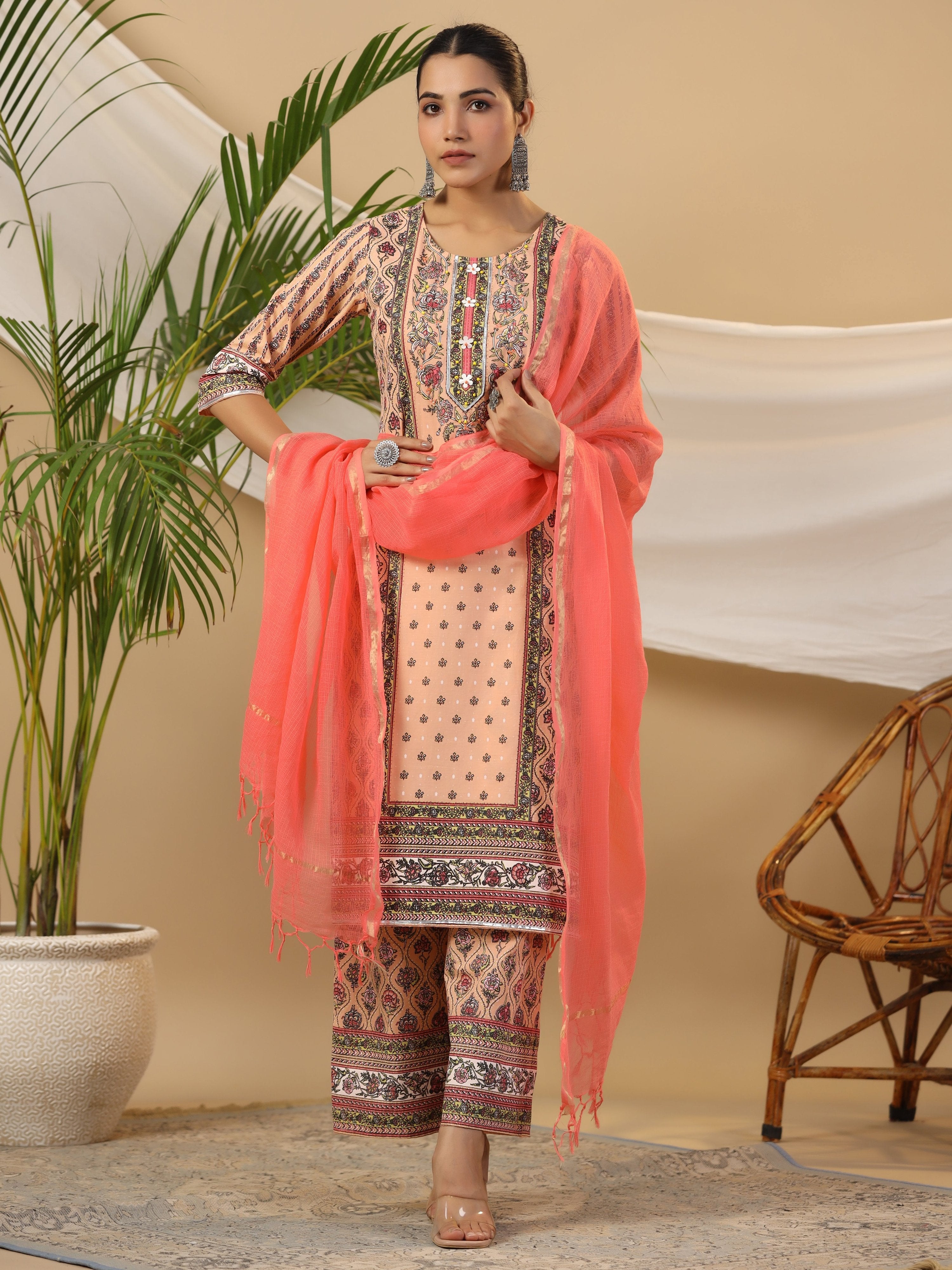 Juniper Women's Peach Ethnic Motif Printed Pure Cotton Kurta Palazzos & Kota Doria Dupatta With Beads & Sequins | Grocsy