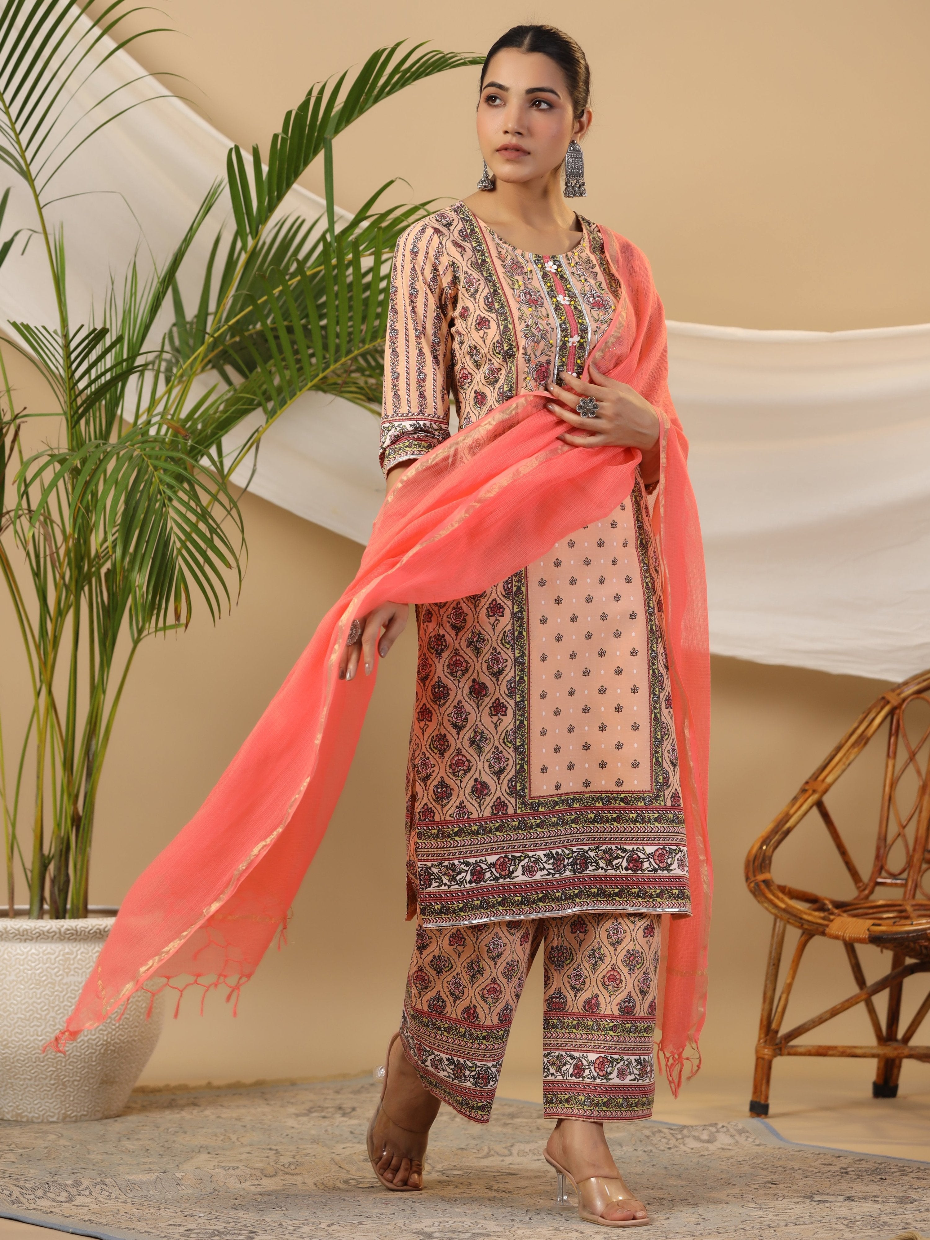 Juniper Women's Peach Ethnic Motif Printed Pure Cotton Kurta Palazzos & Kota Doria Dupatta With Beads & Sequins | Grocsy