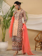 Juniper Women's Peach Ethnic Motif Printed Pure Cotton Kurta Palazzos & Kota Doria Dupatta With Beads & Sequins | Grocsy