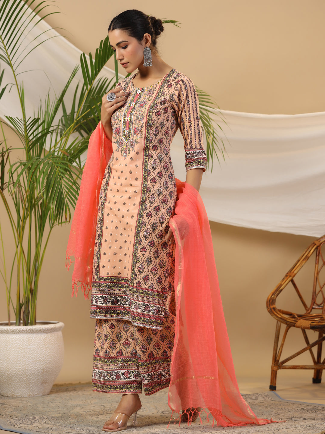 Juniper Women's Peach Ethnic Motif Printed Pure Cotton Kurta Palazzos & Kota Doria Dupatta With Beads & Sequins | Grocsy