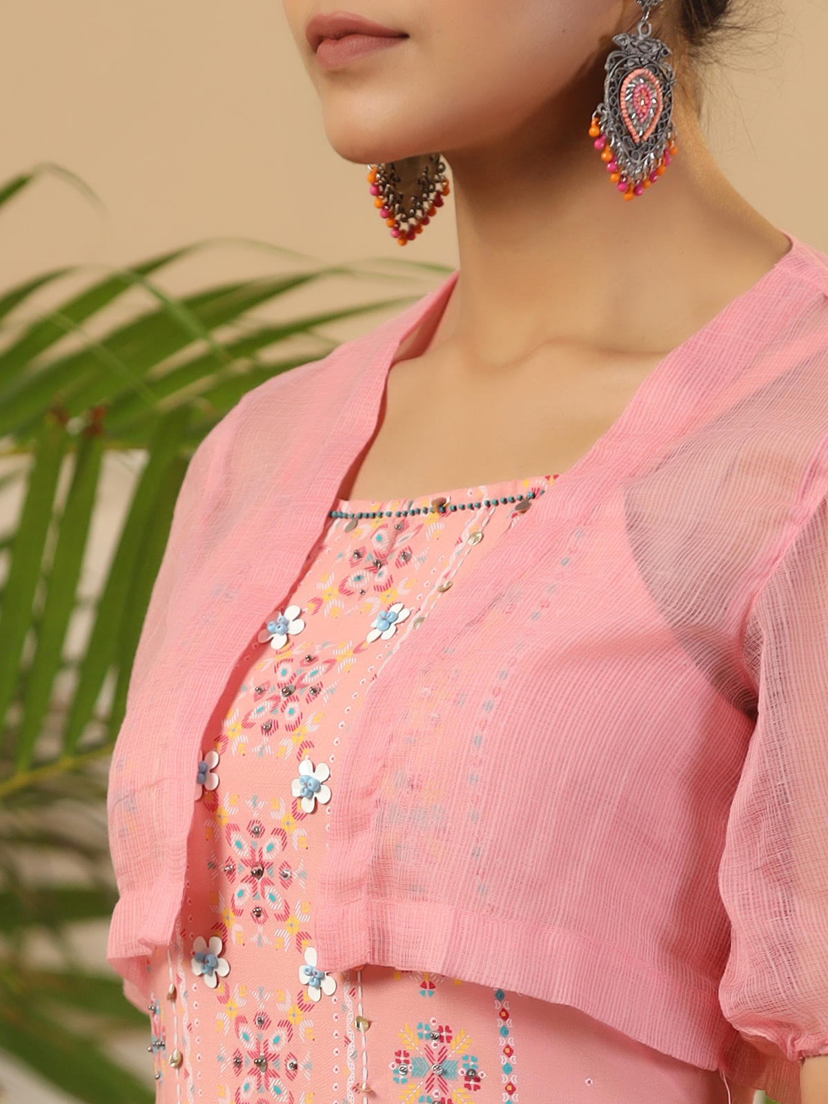 Juniper Women's Peach Geometric Printed Rayon Kurta Pants & Jacket With Sequins Work | Grocsy