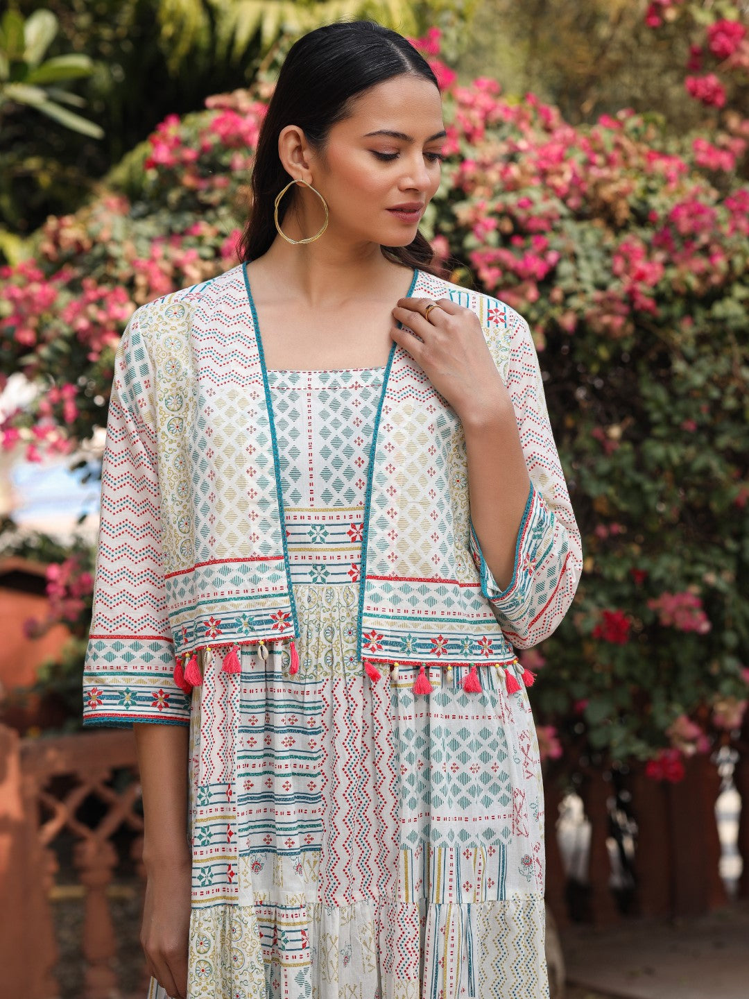 Juniper Women Ivory Cotton Cambric Printed Tiered Maxi Dress with Shrug | Grocsy