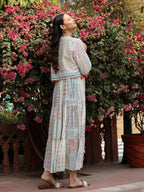 Juniper Women Ivory Cotton Cambric Printed Tiered Maxi Dress with Shrug | Grocsy