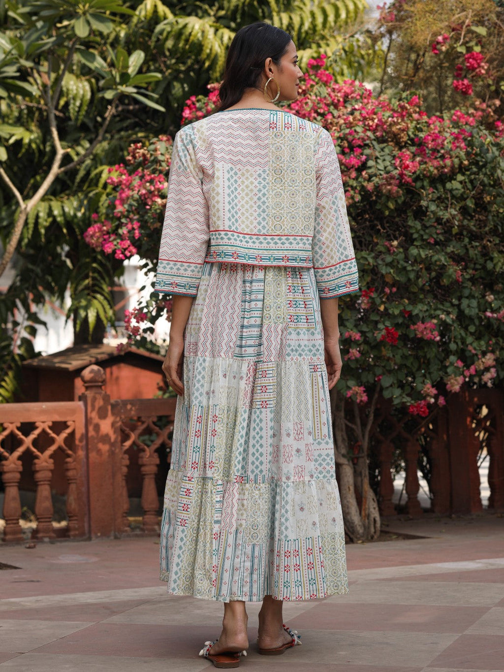 Juniper Women Ivory Cotton Cambric Printed Tiered Maxi Dress with Shrug | Grocsy