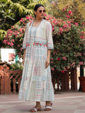 Juniper Women Ivory Cotton Cambric Printed Tiered Maxi Dress with Shrug | Grocsy