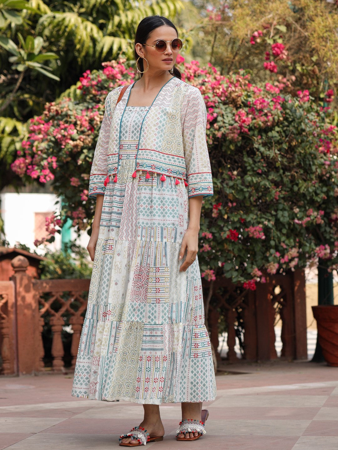 Juniper Women Ivory Cotton Cambric Printed Tiered Maxi Dress with Shrug | Grocsy