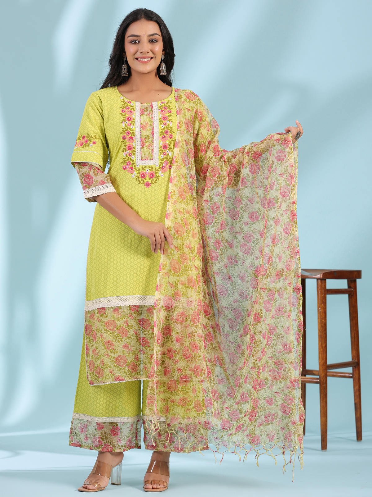 Juniper Women's The Madhubala Green Floral Print & Lacy Pure Cotton Kurta&Palazzo Set With Kota Doria Print Dupatta | Grocsy