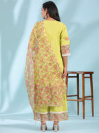 Juniper Women's The Madhubala Green Floral Print & Lacy Pure Cotton Kurta&Palazzo Set With Kota Doria Print Dupatta | Grocsy