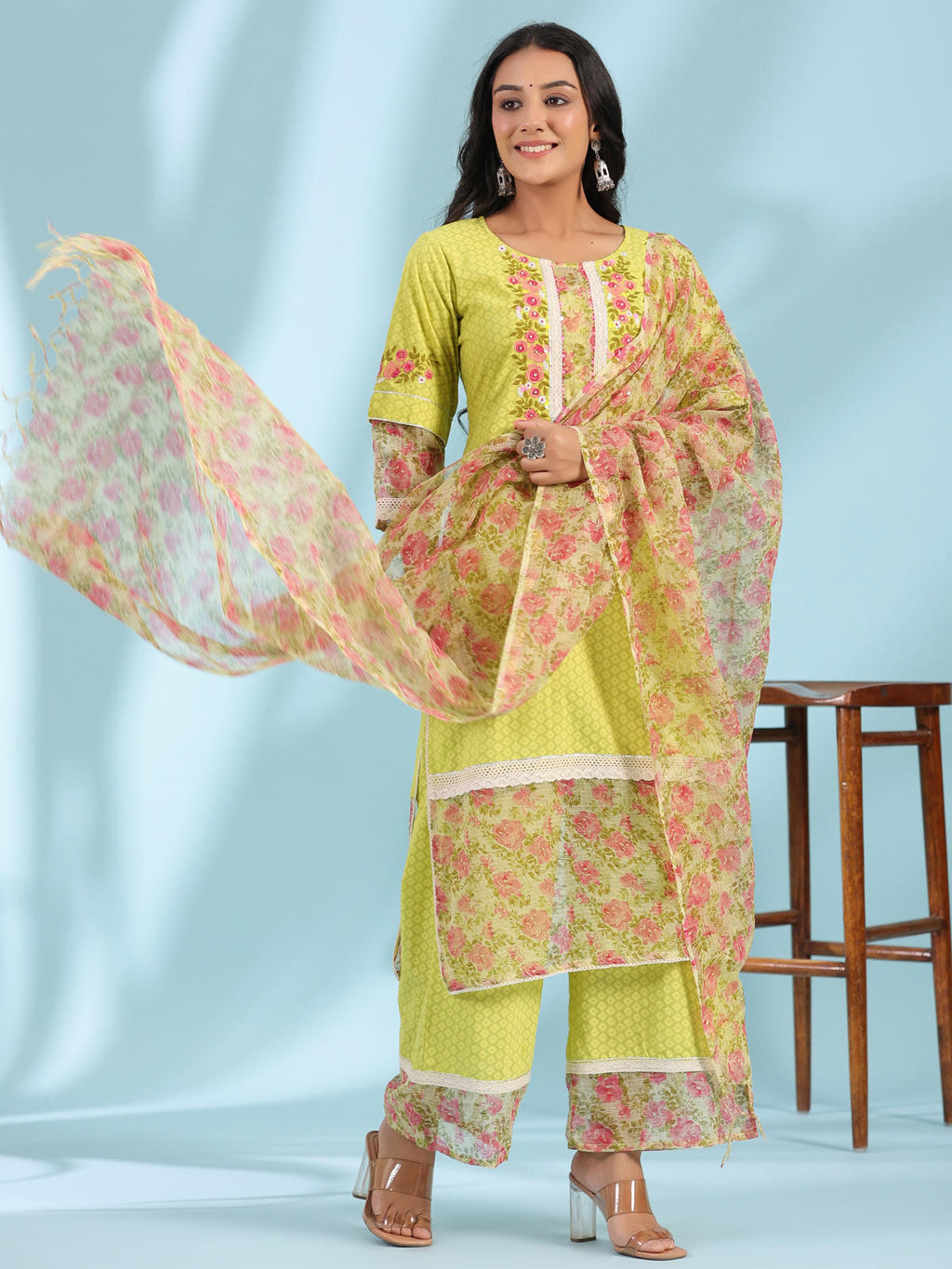 Juniper Women's The Madhubala Green Floral Print & Lacy Pure Cotton Kurta&Palazzo Set With Kota Doria Print Dupatta | Grocsy