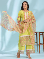 Juniper Women's The Madhubala Green Floral Print & Lacy Pure Cotton Kurta&Palazzo Set With Kota Doria Print Dupatta | Grocsy