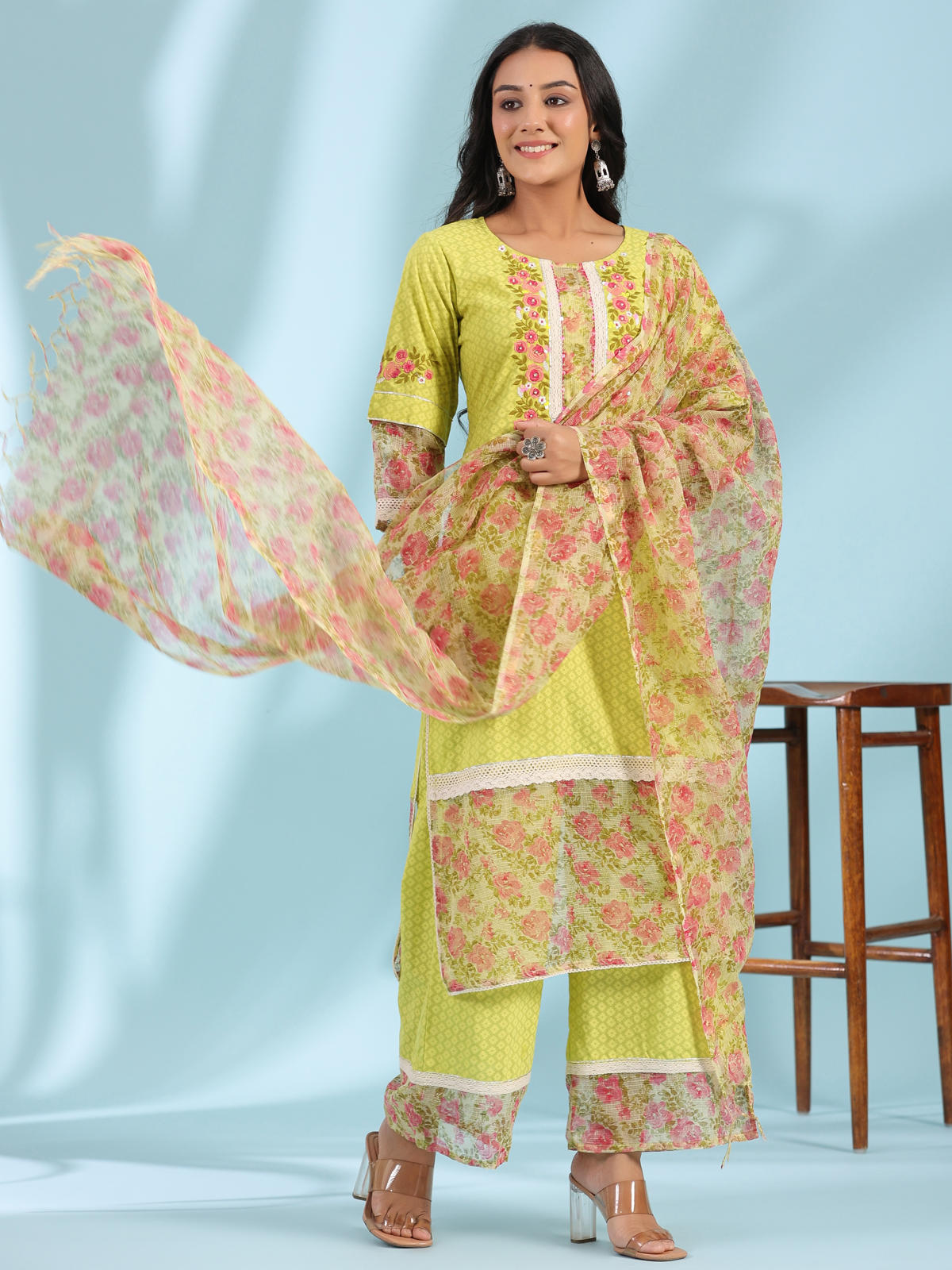 Juniper Women's The Madhubala Green Floral Print & Lacy Pure Cotton Kurta&Palazzo Set With Kota Doria Print Dupatta | Grocsy