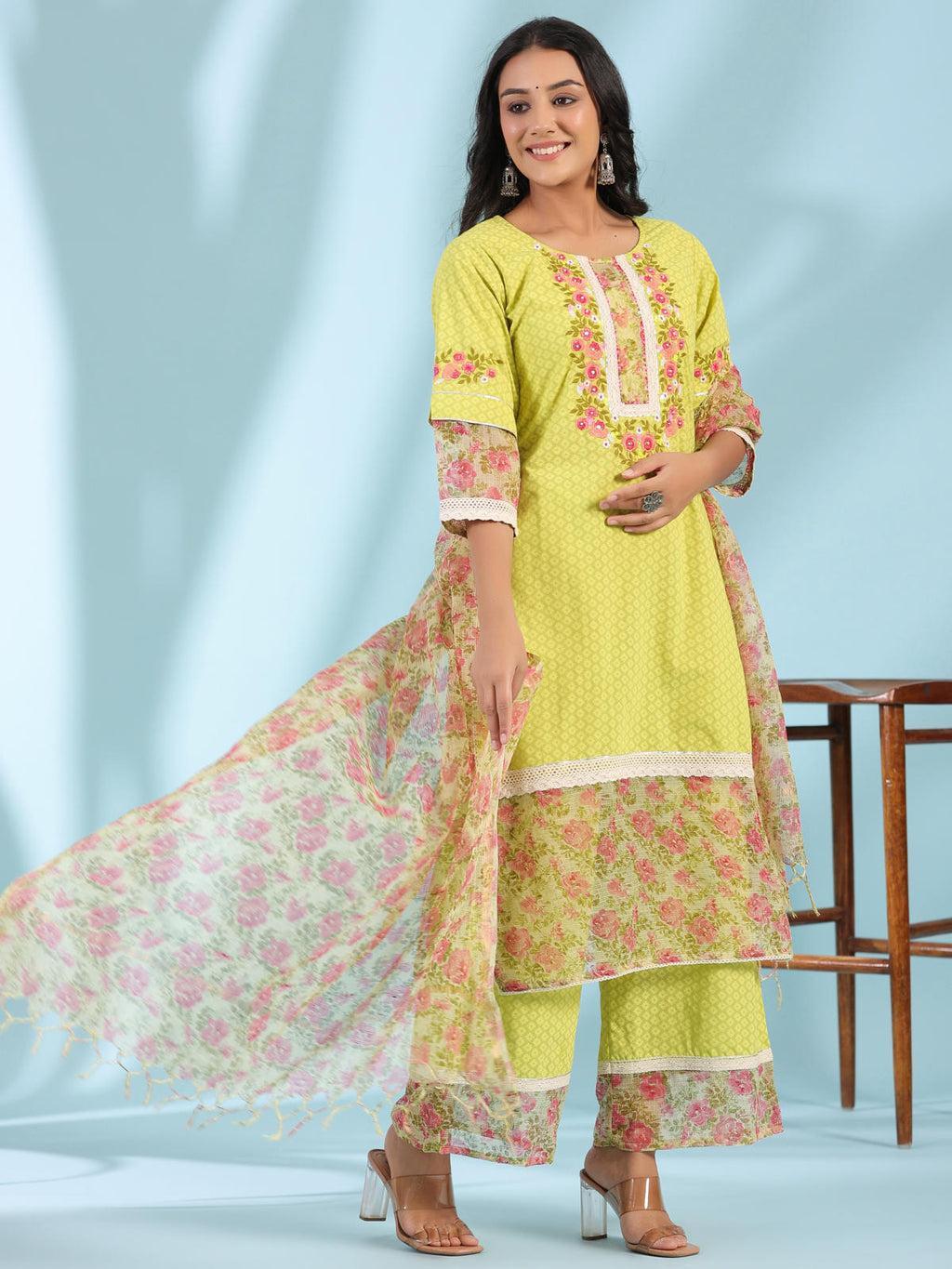 Juniper Women's The Madhubala Green Floral Print & Lacy Pure Cotton Kurta&Palazzo Set With Kota Doria Print Dupatta | Grocsy
