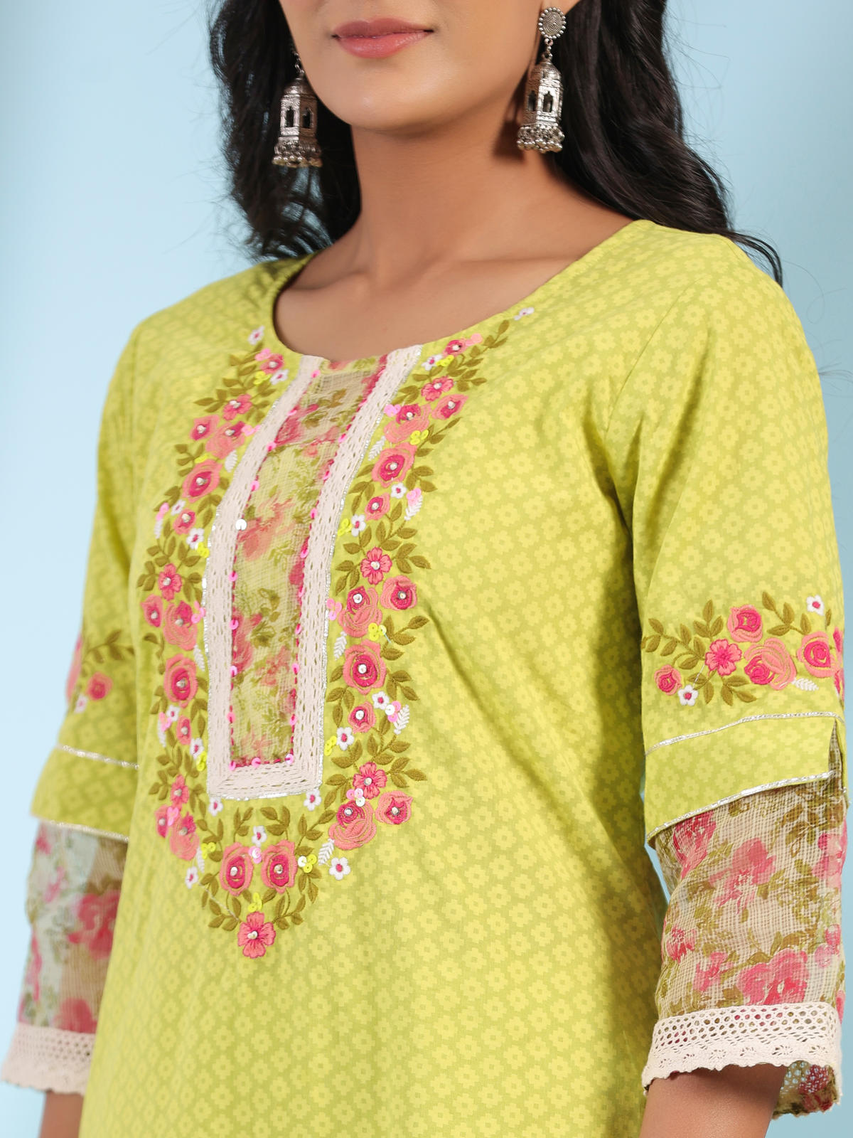 Juniper Women's The Madhubala Green Floral Print & Lacy Pure Cotton Kurta&Palazzo Set With Kota Doria Print Dupatta | Grocsy
