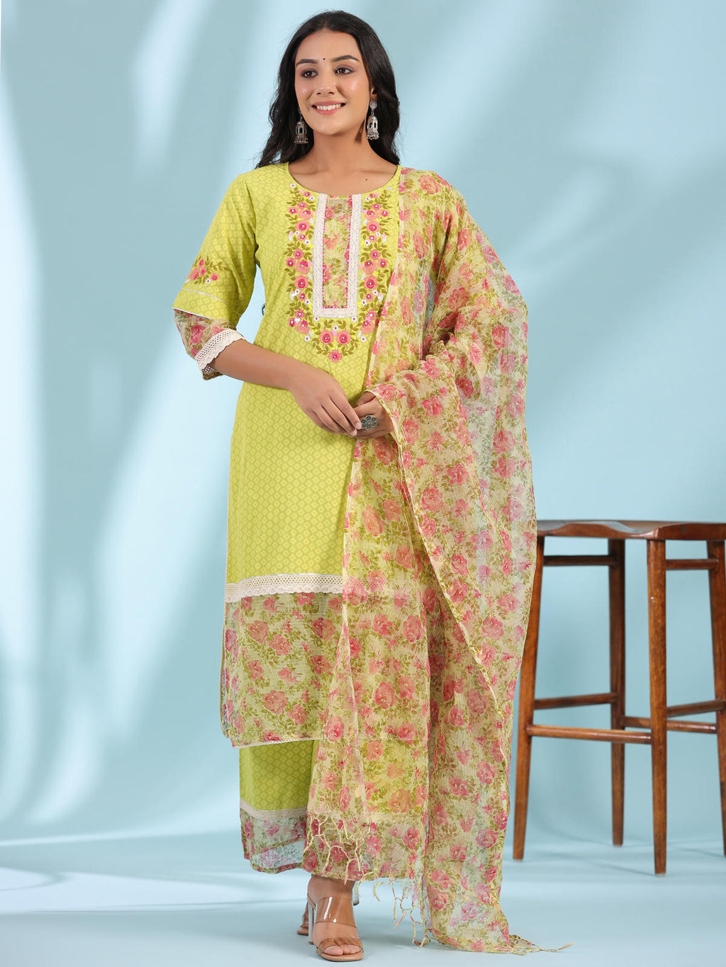 Juniper Women's The Madhubala Green Floral Print & Lacy Pure Cotton Kurta&Palazzo Set With Kota Doria Print Dupatta | Grocsy