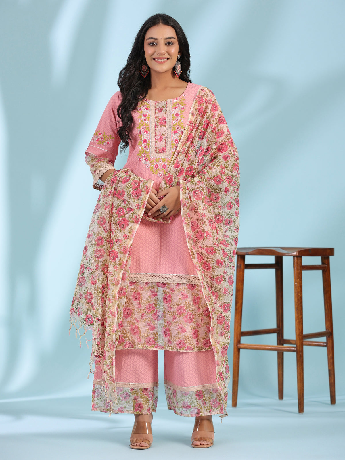 Juniper Pink Floral Printed & Laced Pure Cotton Kurta Palazzo Set With Printed Kota Doria Dupatta (3-Pcs) | Grocsy