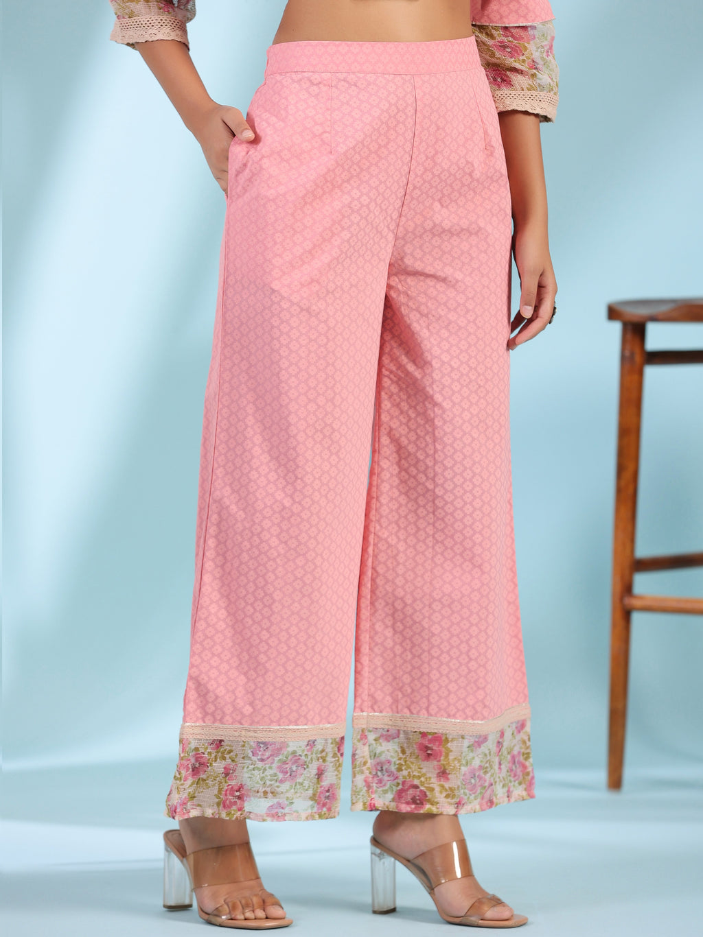 Juniper Pink Floral Printed & Laced Pure Cotton Kurta Palazzo Set With Printed Kota Doria Dupatta (3-Pcs) | Grocsy