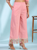 Juniper Pink Floral Printed & Laced Pure Cotton Kurta Palazzo Set With Printed Kota Doria Dupatta (3-Pcs) | Grocsy