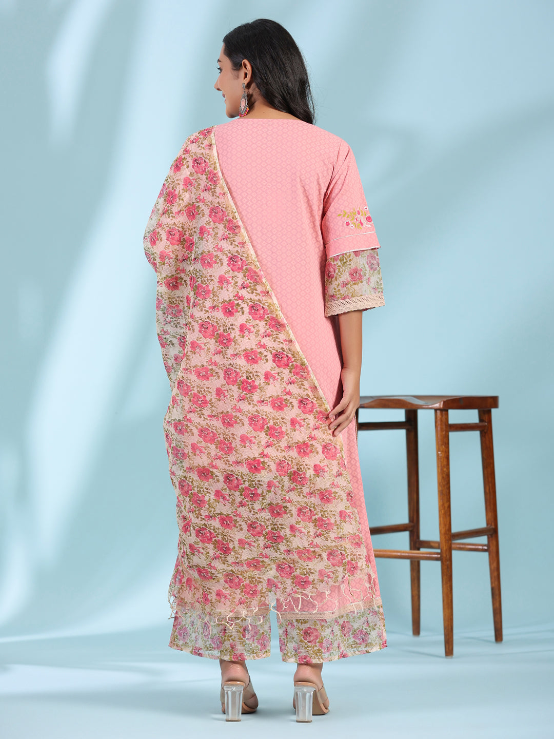 Juniper Pink Floral Printed & Laced Pure Cotton Kurta Palazzo Set With Printed Kota Doria Dupatta (3-Pcs) | Grocsy