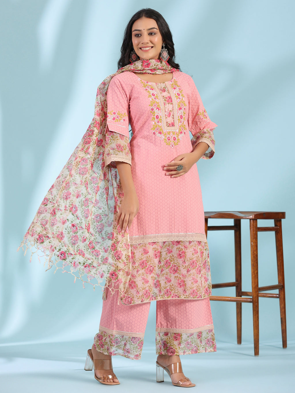Juniper Pink Floral Printed & Laced Pure Cotton Kurta Palazzo Set With Printed Kota Doria Dupatta (3-Pcs) | Grocsy