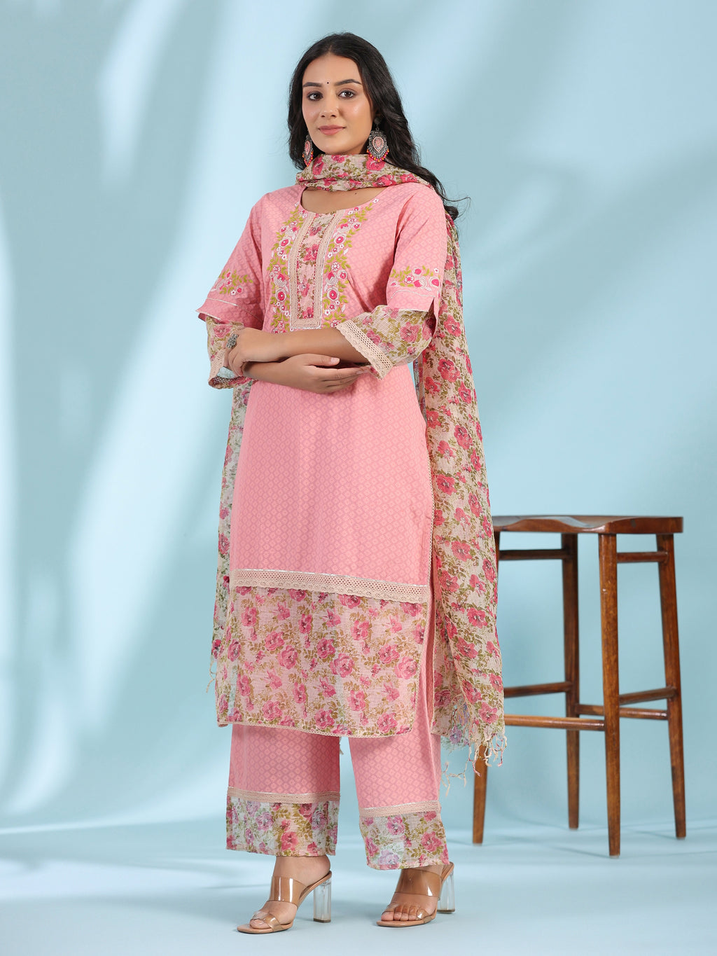 Juniper Pink Floral Printed & Laced Pure Cotton Kurta Palazzo Set With Printed Kota Doria Dupatta (3-Pcs) | Grocsy