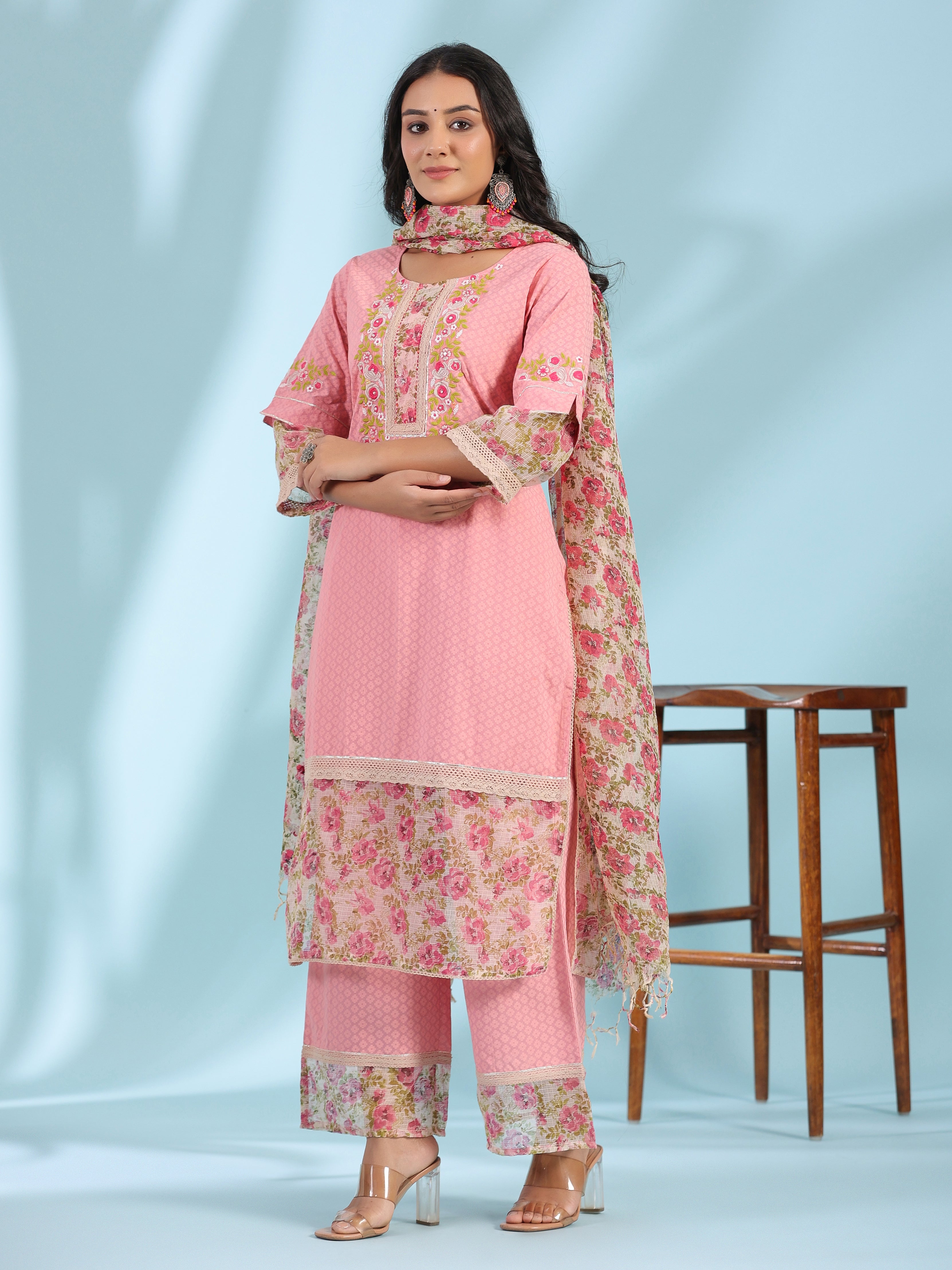 Juniper Pink Floral Printed & Laced Pure Cotton Kurta Palazzo Set With Printed Kota Doria Dupatta (3-Pcs) | Grocsy