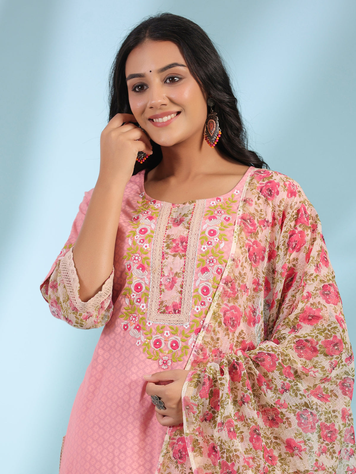 Juniper Pink Floral Printed & Laced Pure Cotton Kurta Palazzo Set With Printed Kota Doria Dupatta (3-Pcs) | Grocsy