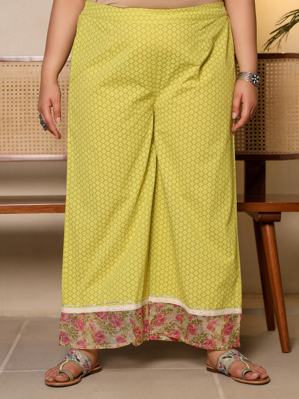 Juniper Women's The Madhubala Lime Green Floral Printed Plus Size Kurta Set | Grocsy