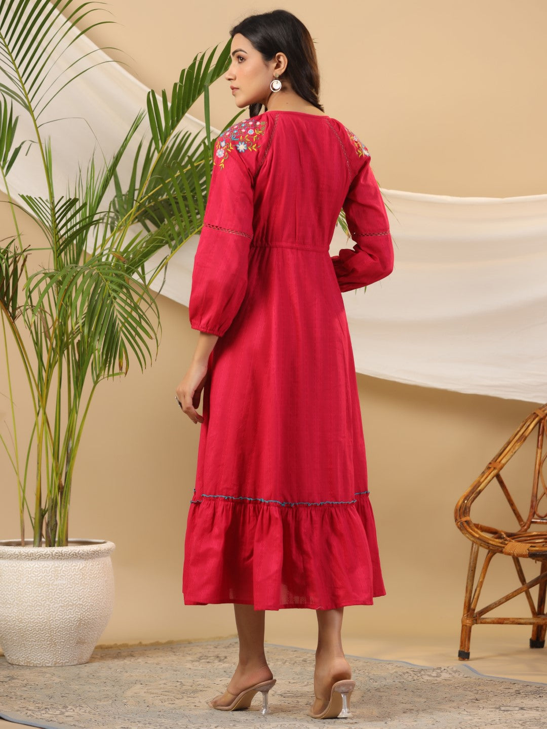 Juniper Fuchsia Floral Embroidered Cotton Dobby Tiered Maxi Dress With Kaudis & Colourful Tassels | Grocsy
