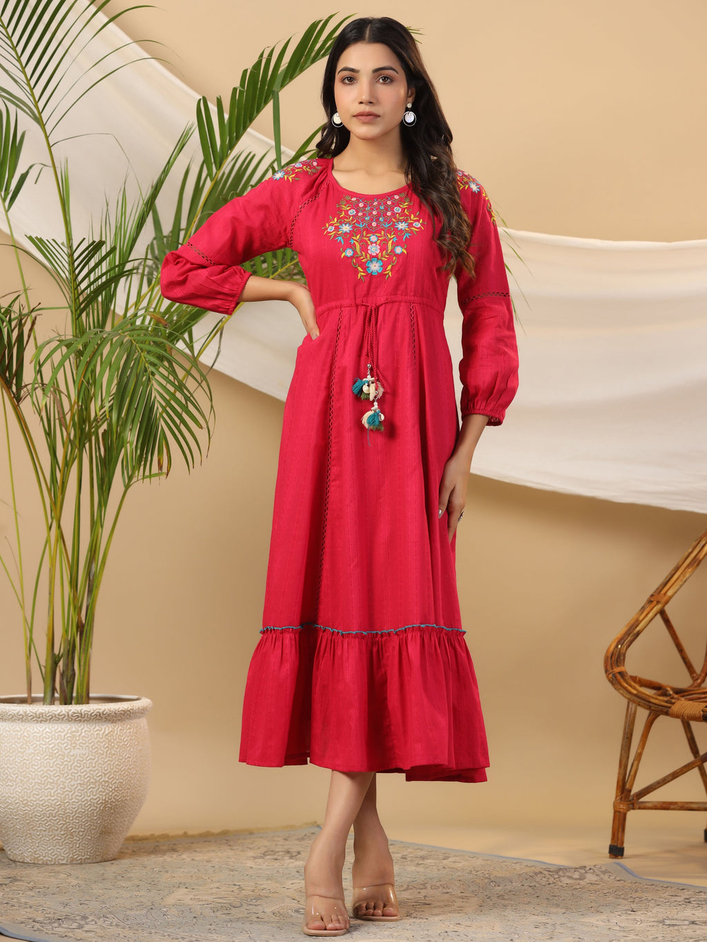 Juniper Fuchsia Floral Embroidered Cotton Dobby Tiered Maxi Dress With Kaudis & Colourful Tassels | Grocsy