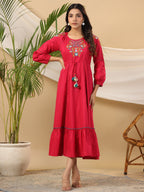 Juniper Fuchsia Floral Embroidered Cotton Dobby Tiered Maxi Dress With Kaudis & Colourful Tassels | Grocsy