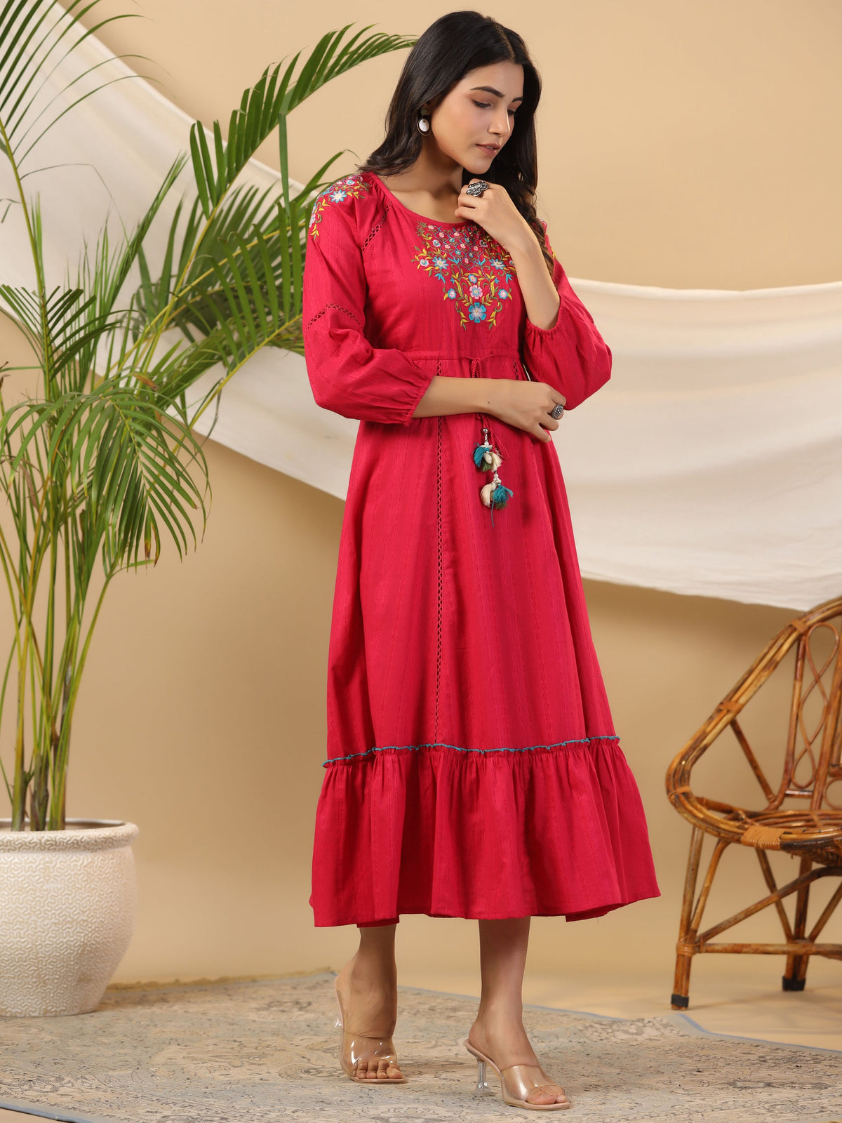 Juniper Fuchsia Floral Embroidered Cotton Dobby Tiered Maxi Dress With Kaudis & Colourful Tassels | Grocsy