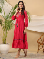 Juniper Fuchsia Floral Embroidered Cotton Dobby Tiered Maxi Dress With Kaudis & Colourful Tassels | Grocsy