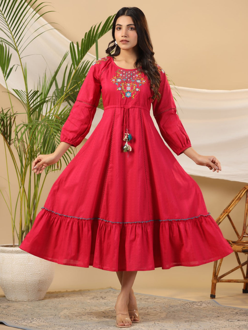 Juniper Fuchsia Floral Embroidered Cotton Dobby Tiered Maxi Dress With Kaudis & Colourful Tassels | Grocsy